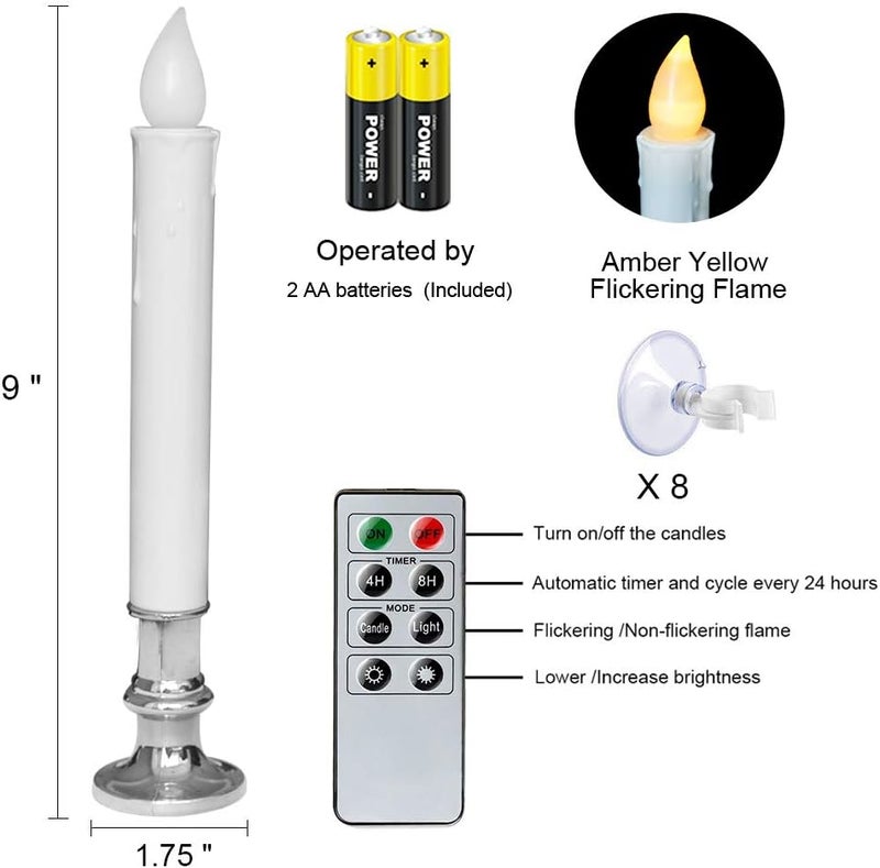 DRomance 9" Flameless Window Taper Candles Battery Operated with 8-Key Remote and Timer, 8 Pack White Christmas Holdiay Window Candles with Silver Holders, Suction Cups and AA Batteries Included - Image 5